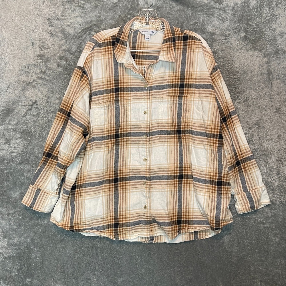 Old Navy Women Plaid Flannel Boyfriend Shirt 2XL Plus Relaxed Evermore Outdoor